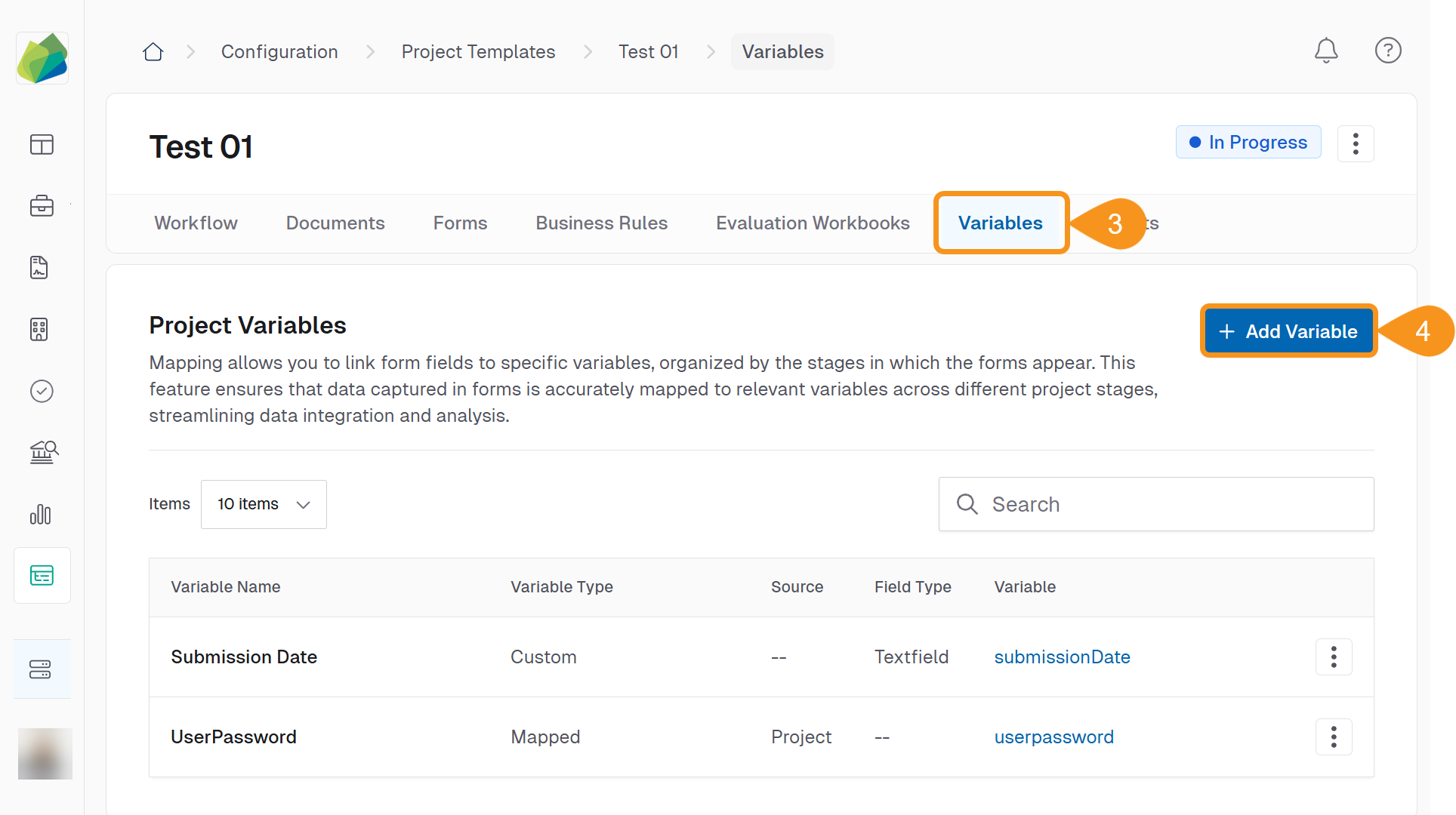 Variables tab in the Project Template showing the Add Variable button