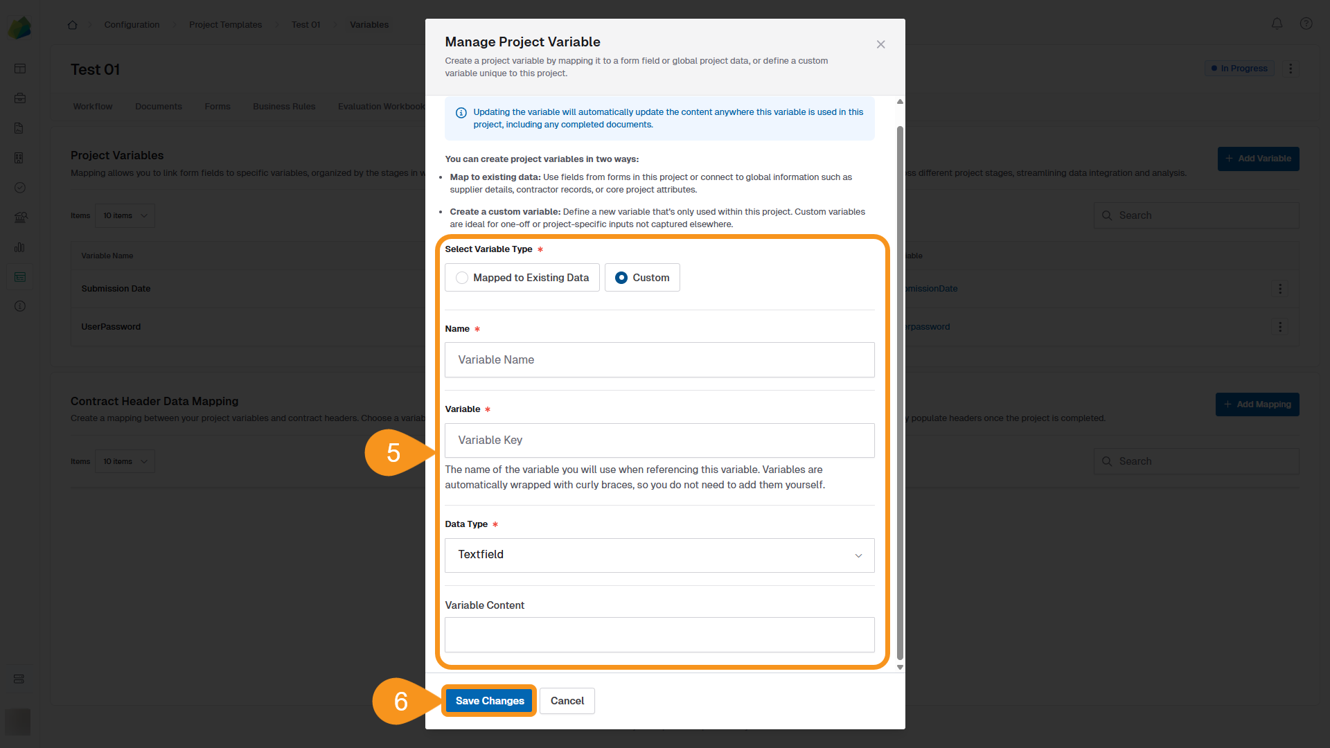 Form fields to configure a new custom variable, including type, stage, name, key, value, and data type