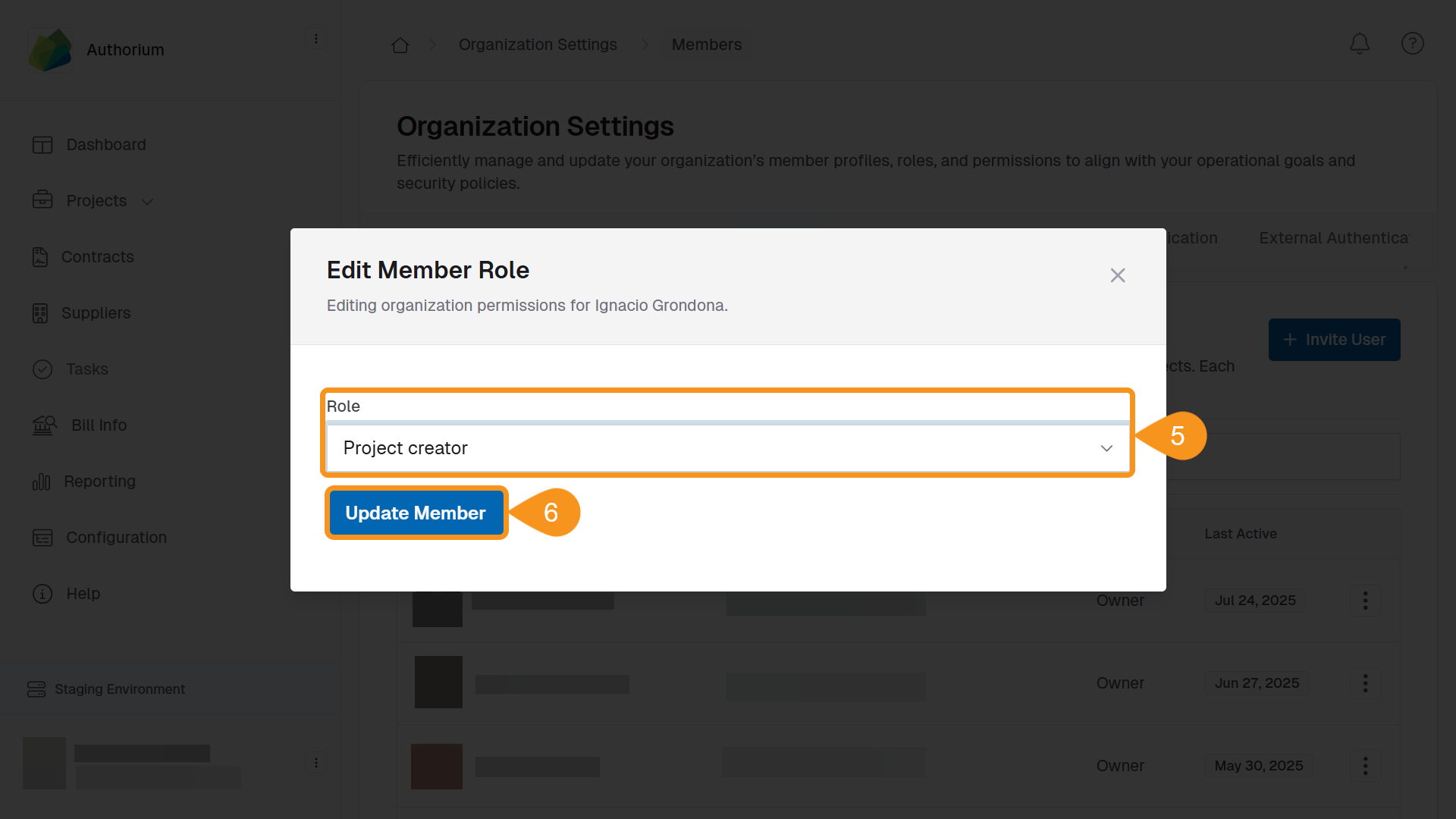 Edit Member Role screen with a new role selected and the Update Member button highlighted