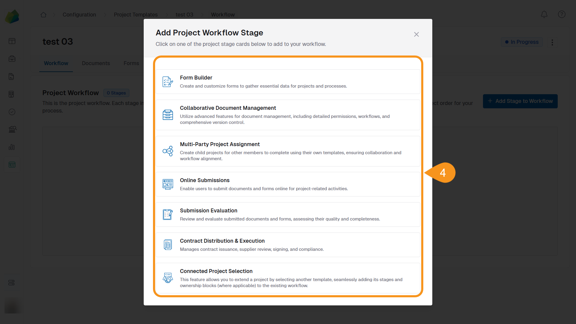 Form for configuring a workflow stage, including fields for stage name, description, and settings