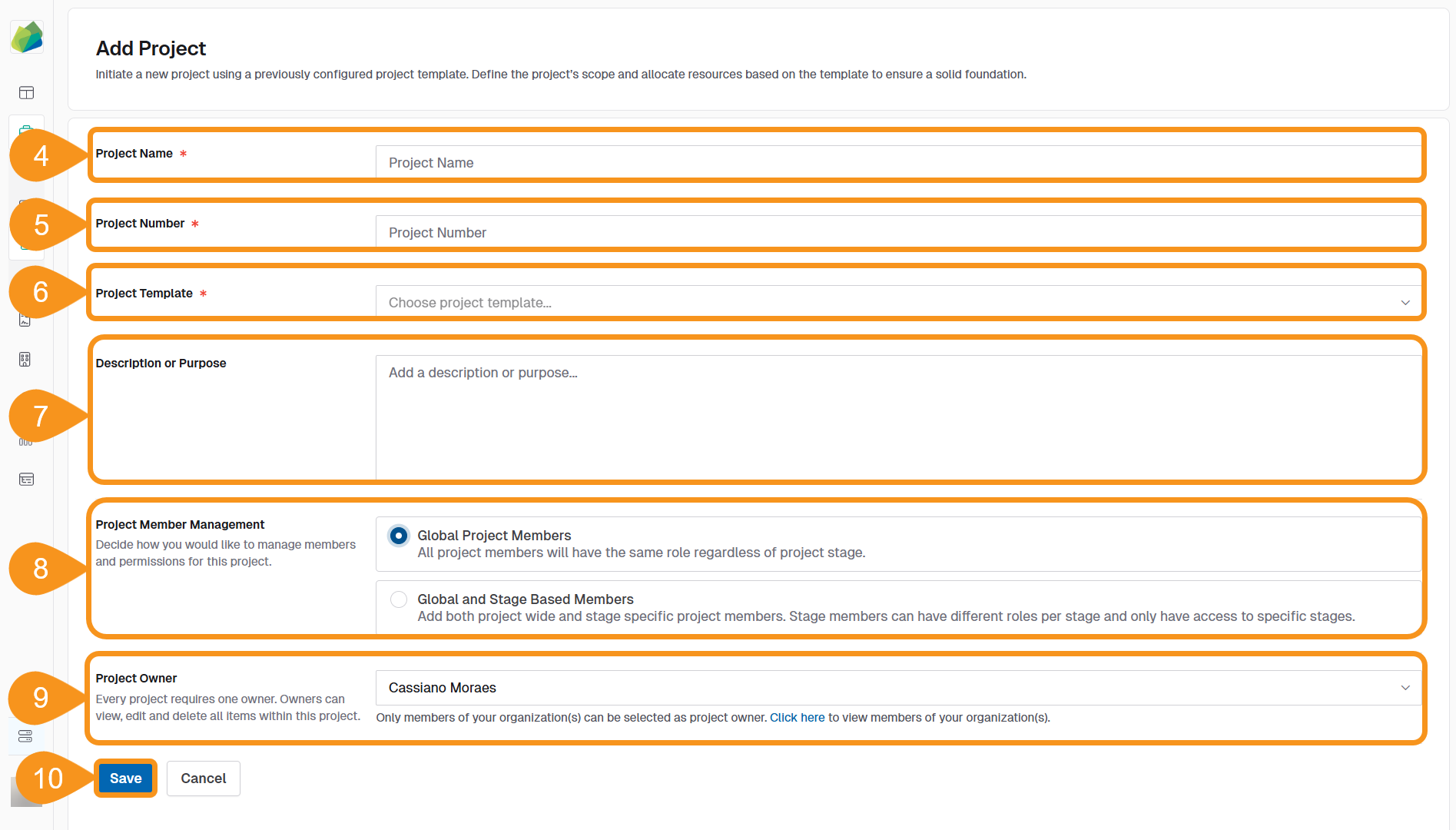 Form for creating a new project with fields for project name, number, template selection, description, and project owner