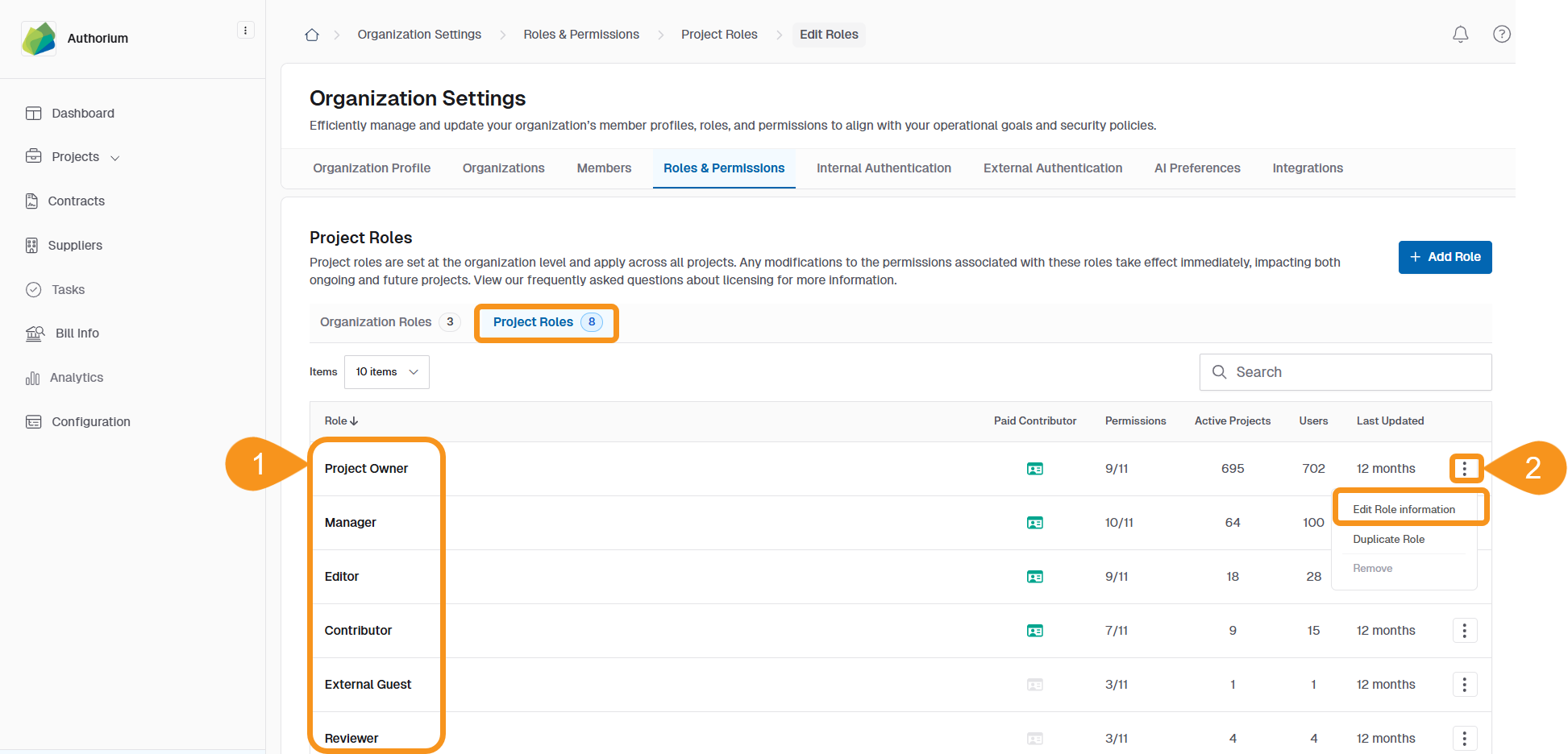 Project Roles list showing the three-dot menu next to an existing role with Edit Role option