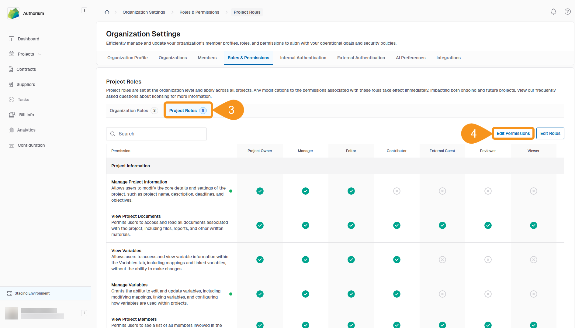 Project Roles table showing roles as column headers and permissions as rows with editable toggles
