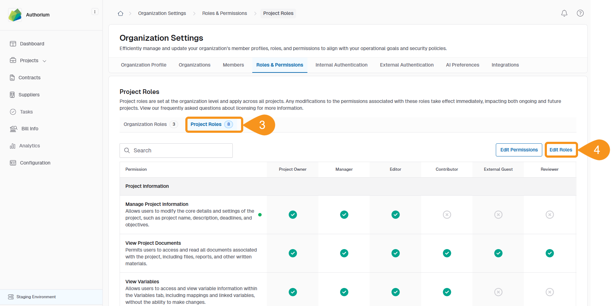 Project Roles tab with the Edit Roles button available in the top right corner