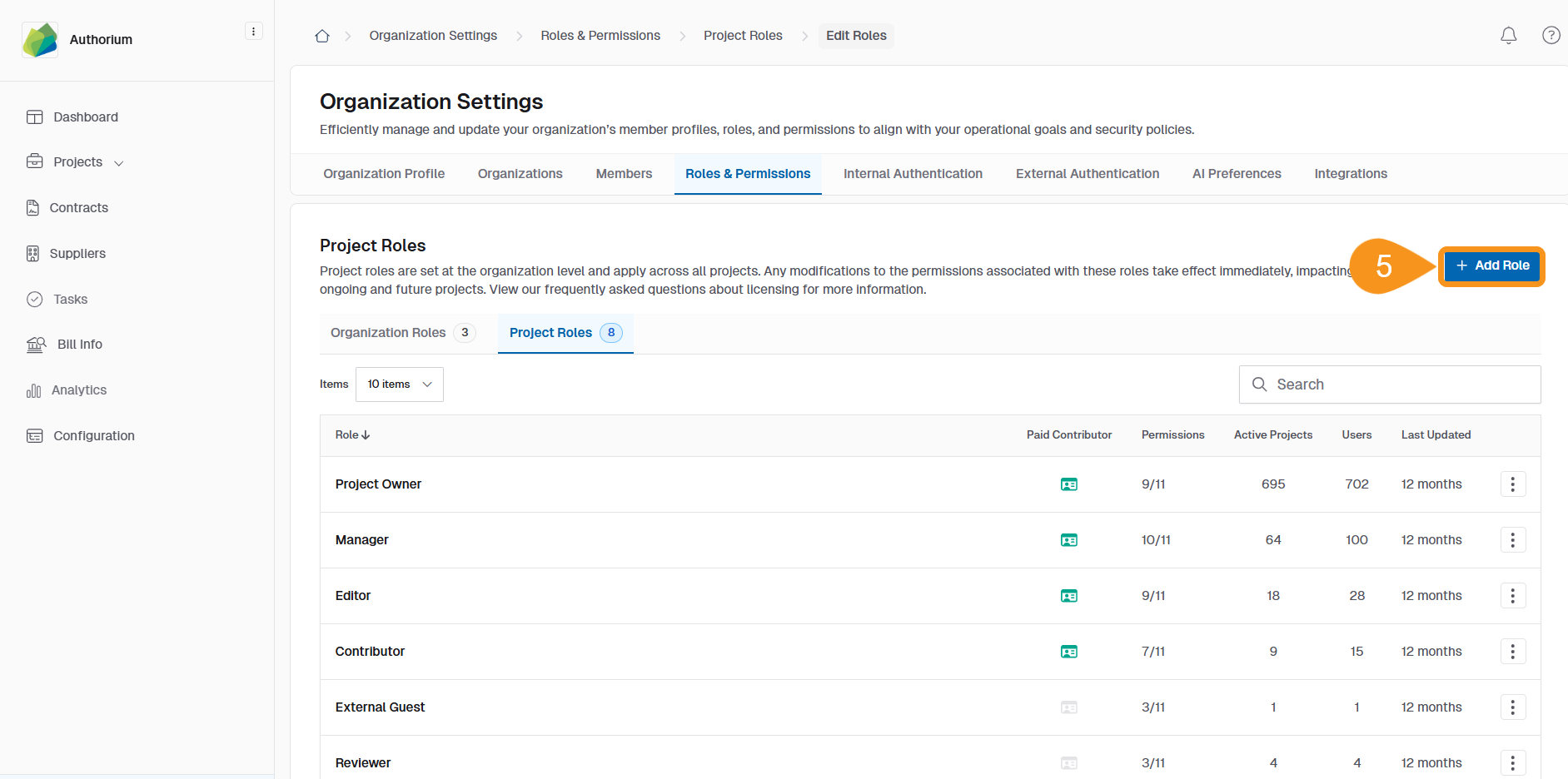 Add Role option displayed in the Project Roles interface to create a new role
