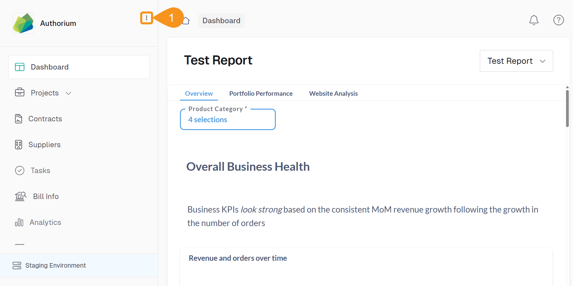 Dashboard view showing the three-dots menu in the navigation bar to access Roles & Permissions