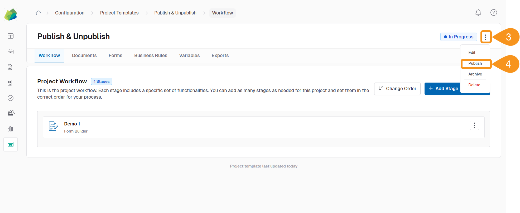 Three-dot menu in a project template with the option to publish selected