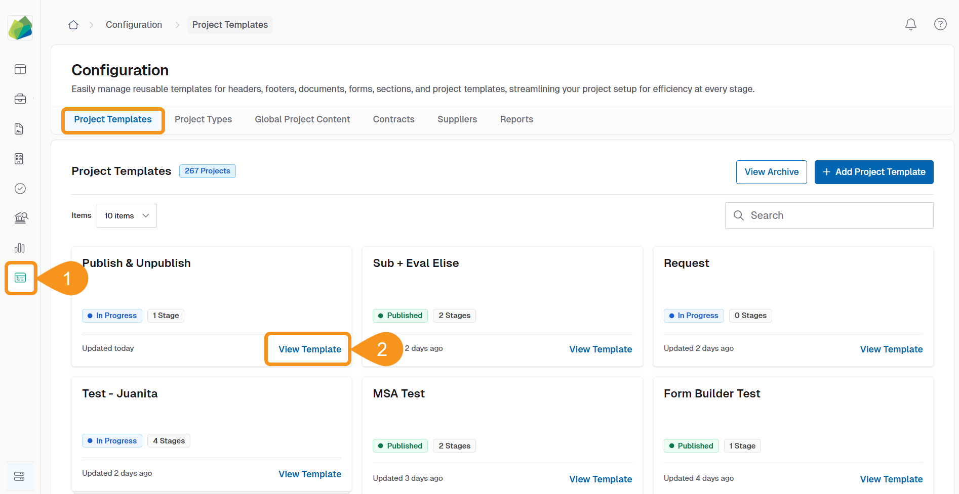 Project Templates configuration page showing the list of templates with the option to unpublish a selected template
