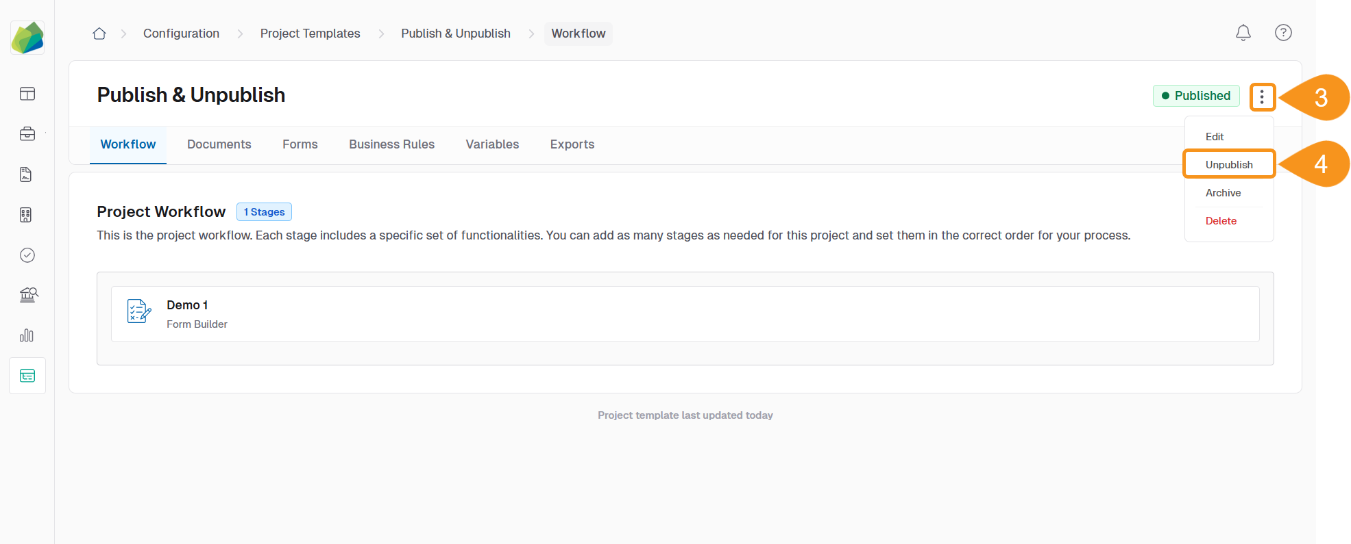 Three-dot menu in a project template with the option to unpublish selected