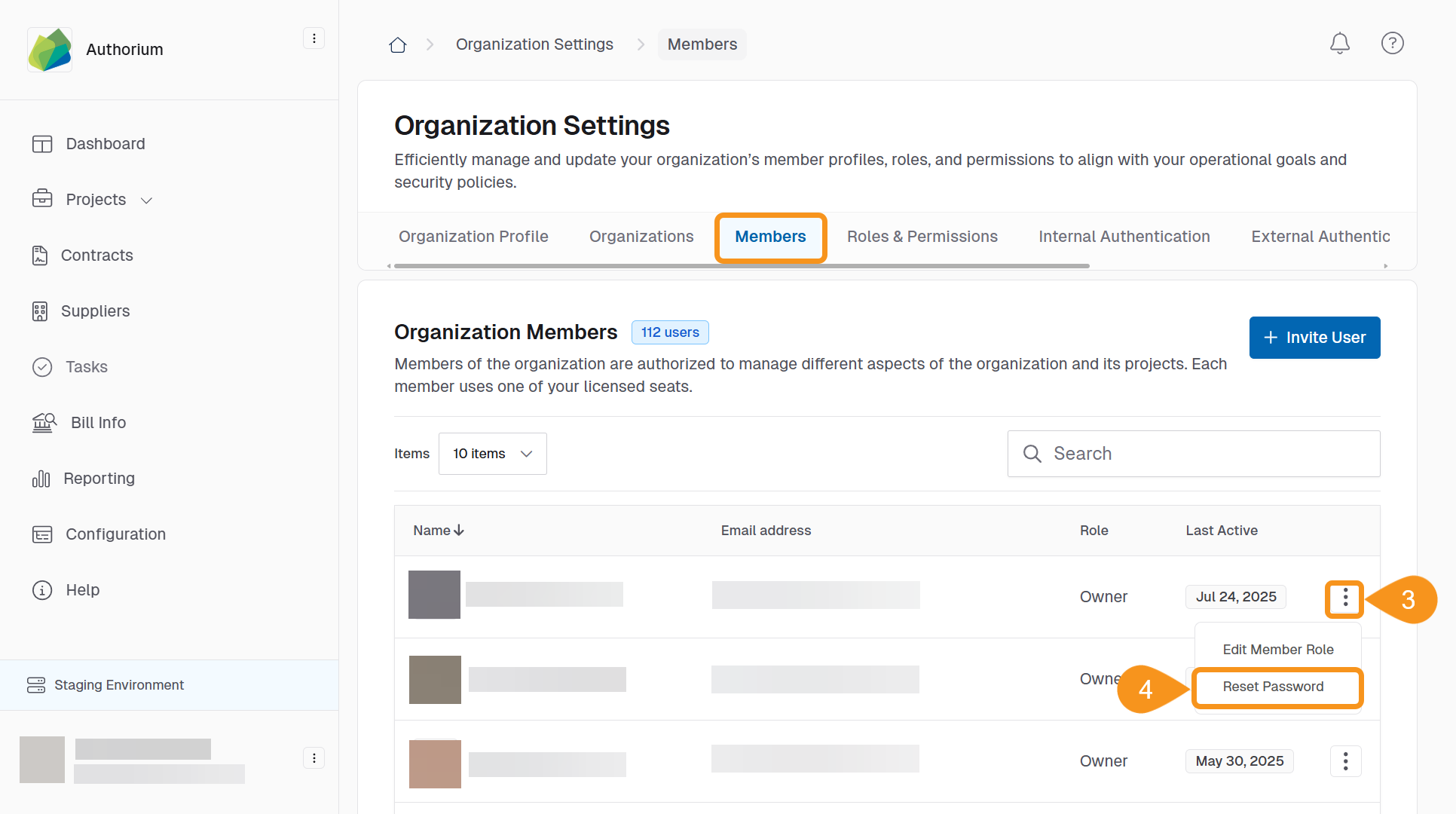 User list with the three-dots menu opened next to a member’s name, showing Reset Password option